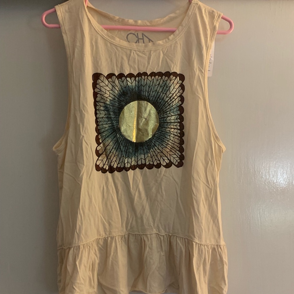 Sun Emblazoned Sleeveless Ruffled Tank by Chaser